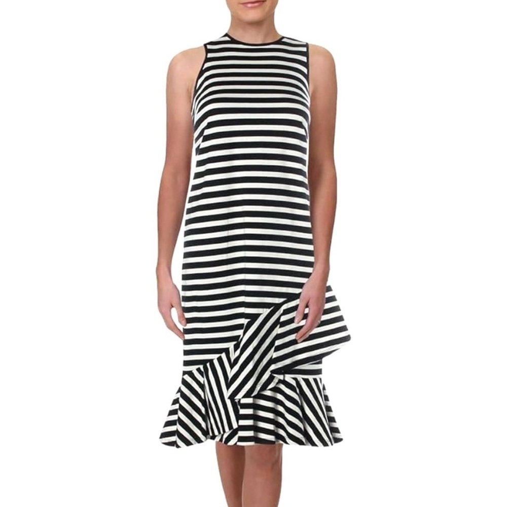 Lauren Ralph Lauren Striped Asymmetric Ruffle Flounce Sheath Dress S Black Ivory